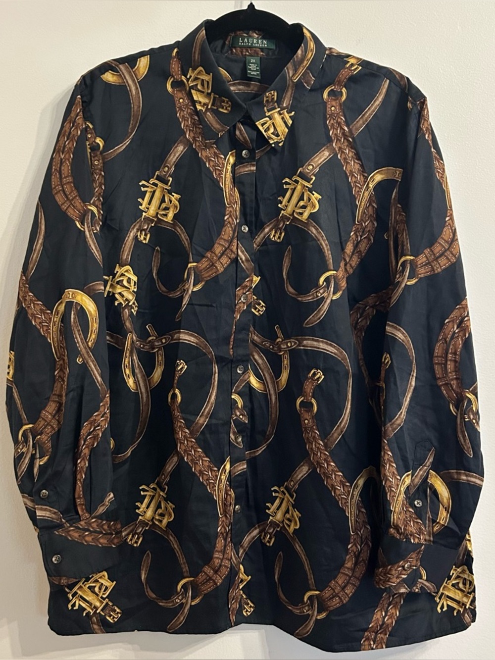 Lauren Ralph Lauren Equestrian Print Long Sleeve Button Down Shirt 2X Cotton